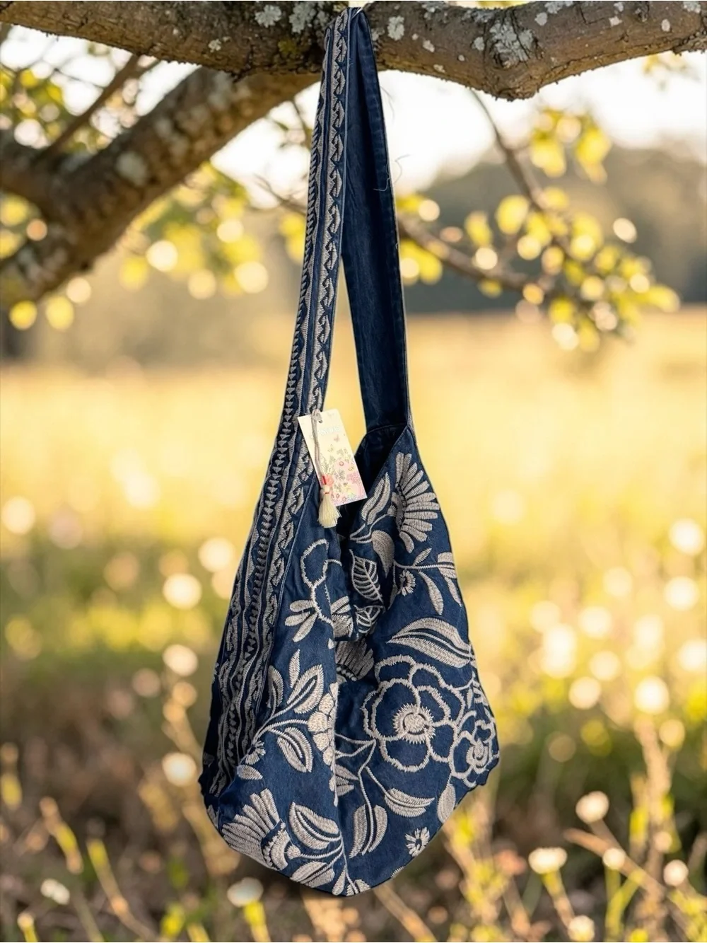 NWT Johnny Was Denim Embroidered Lucinda Wide Strap Slouchy Hobo Tote Bag $268